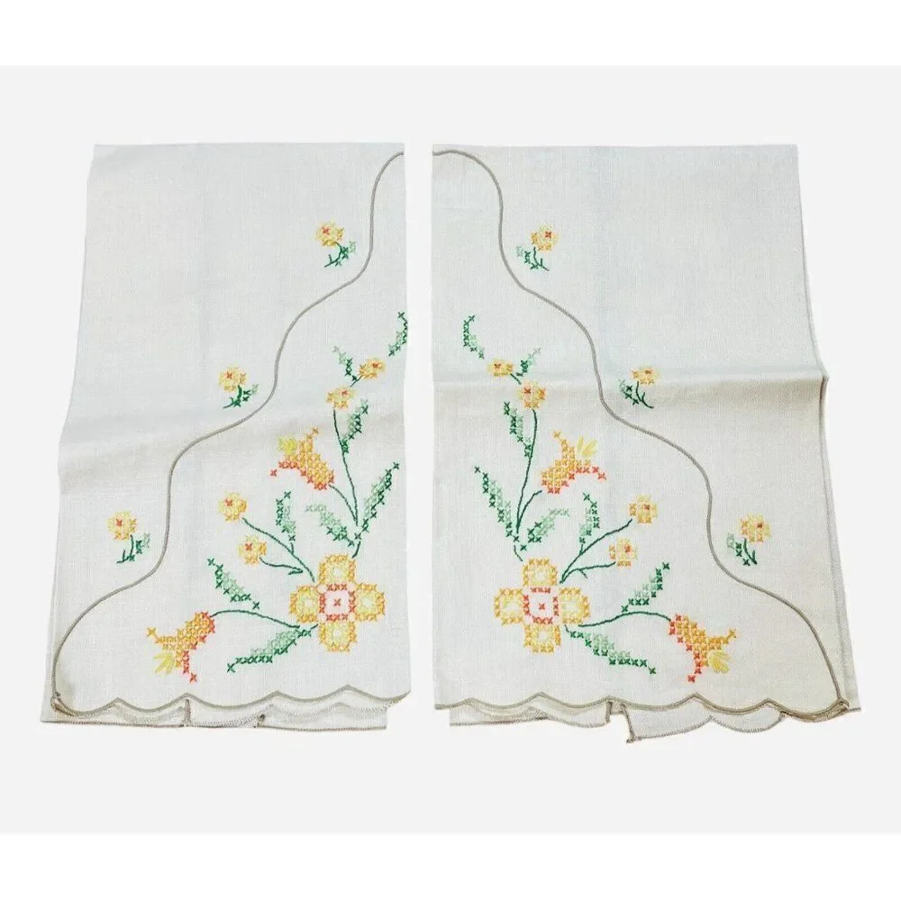 Vintage Embroidered Yellow Orange Flower Linen Tea Towels Set 2 Floral 19 x 12